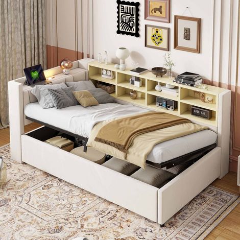 Gain de Place et Rangement : Lit Banquette 90x200 Velours Beige avec Coffre Hydraulique, Veilleuse et Ports USB (1/5)