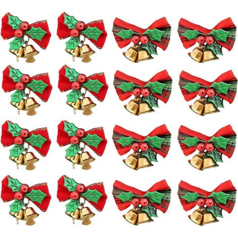 Lot de 16 nœuds de Noël avec clochettes, mini nœuds papillon, décorations à suspendre au sapin, à confectionner soi-même ou à offrir. (1/5)
