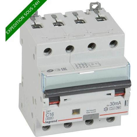 LEGRAND Disjoncteur différentiel monobloc DX³6000 10kA arrivée haute et départ bas à vis 4P 400V - 16A - typeF 30mA réf : 411244