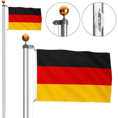 Jiubiaz Mât de drapeau argenté en aluminium, 6 éléments emboîtables, poulie, drapeau allemand et douille de sol (1/5)