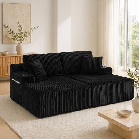 Divano letto relax 2 posti in tessuto a coste nero, tasca laterale e portabicchiere, REDOM (1/5)