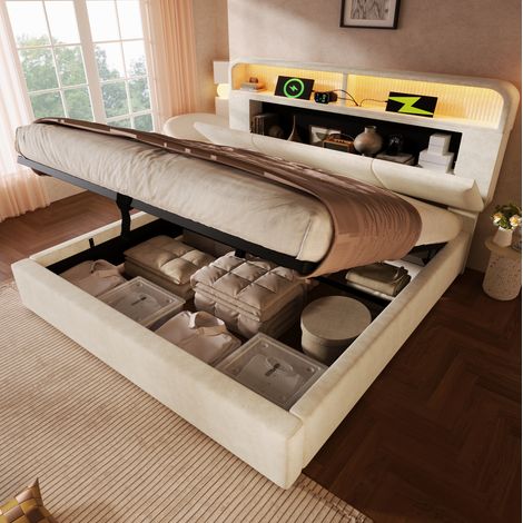 Cama doble adulto 140x200 cm de madera beige, elevable para dormitorio, sin colchón -FLORAGRACE (1/5)