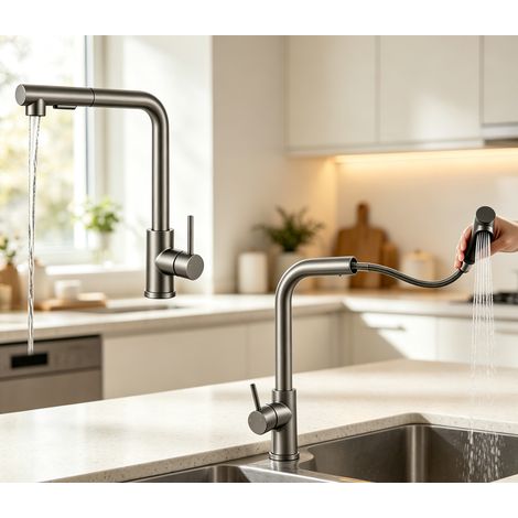 Duschparadies Küchenarmatur mit ausziehbarer Brause L-Form Hochdruck Einhebelmischer Mischbatterie 360°2 Strahlarten Edelstahl Gebürstet (1/5)