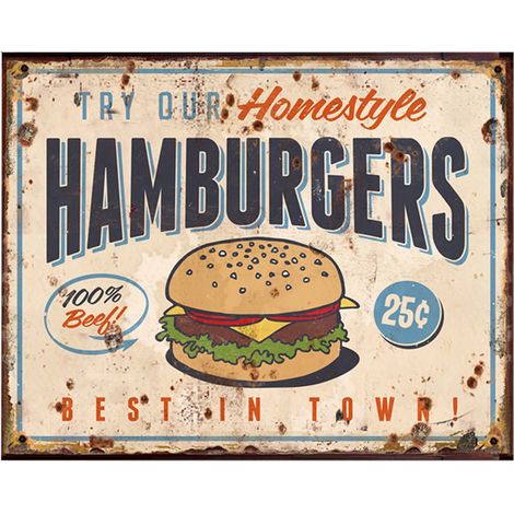 Plaque Décorative Murale Hamburger en Fer Vintage Déco Cuisine Beige 25 x 20 cm - PANGIVO