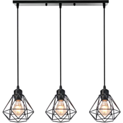 Wottes – Lustre suspension industrielle 3 lampes – Abat-jour diamant noir en métal – Longueur 50cm, culot E27, réglable – Pour espaces intérieurs (1/5)