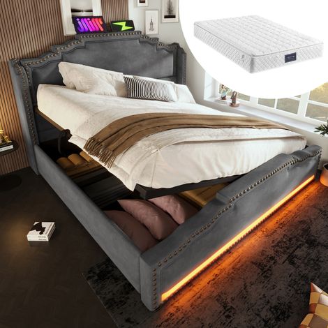 Bett Doppelbett Stauraum 140x200 Samt Grau OKMYHOME