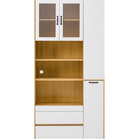 Küchenbuffet mit 2 Schubladen, Verstellbaren Einlegeböden und Offenen Fächern, aus MDF, Weiß und Natur, 100×40×200 cm (1/5)
