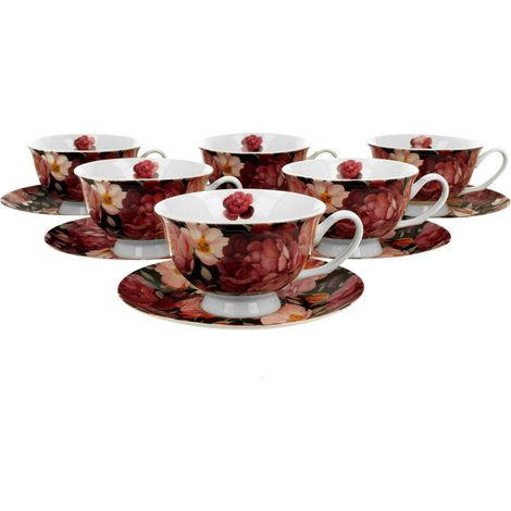 Juego de 6 tazas y platillos negros con diseño de rosas primaverales. (1/3)