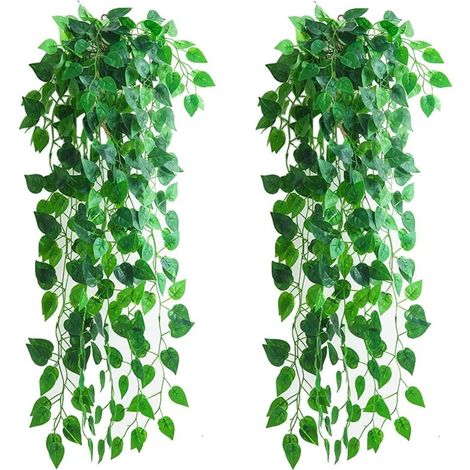 Guirlande de fausses plantes, 2 pièces de feuilles artificielles vertes, idéale pour décorer une fête, un mariage, la cuisine, le jardin ou un bureau.