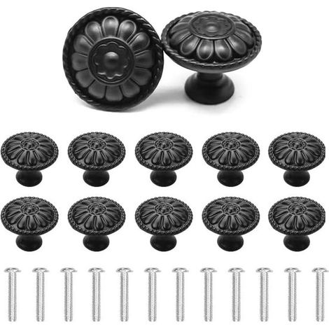 Tiradores redondos vintage para cajones - Tiradores antiguos para armarios - 12 piezas - Negro (1/5)