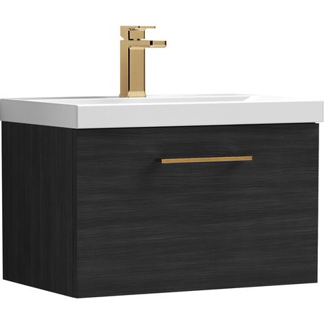 Balterley 600mm Wall Hung Bathroom 1 Drawer Vanity Unit and 1 Tap Hole Ceramic Basin, Woodgrain Black with Brushed Bronze Handle (1/5)