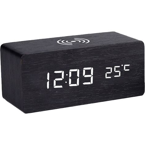 Horloge en bois à chargement sans fil - Bois noir, inscription blanche - Version avec affichage de la température (1/5)
