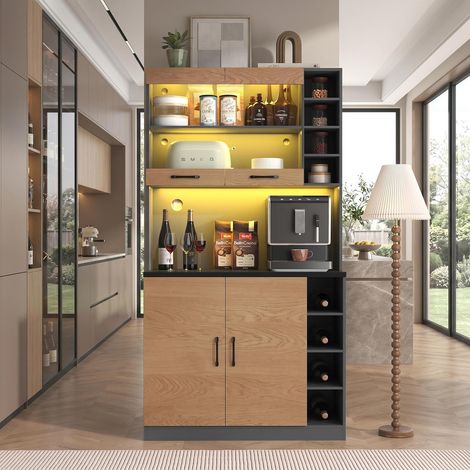 FurnitureR Light Wood Tall Kitchen Cabinet 100x47x187cm with Glass Doors (1/5)