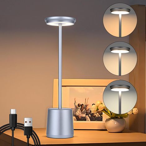 Lampe de Table Sans Fil, Dimmable et 3 Couleur Lampe de Chevet Sans Fil, Lampe Table Sans Fil Convient pour Chevet, Salle à Manger, Bureau, Extérieur (Argent) (1/5)