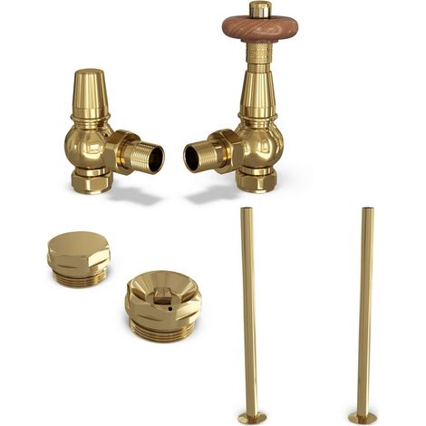 Derry Traditional - Polished Brass Thermostatic Radiator Valve & Installation Kit Angled 15mm (1/4)