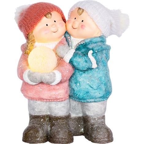 Weihnachtsfigur MagicHome, Junge und Mädchen mit Schneekugel, 1 LED, Keramik, 27,5x23x40 cm (1/2)