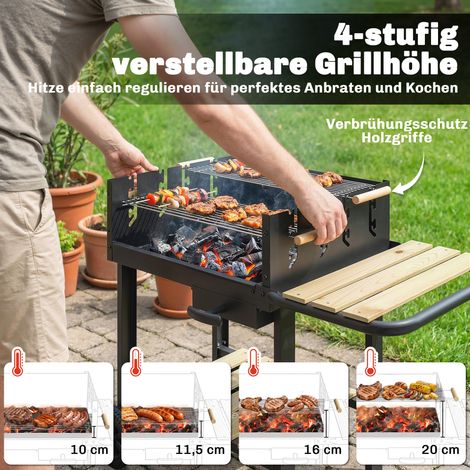 Barbecue à charbon sur chariot avec grille réglable en hauteur 4 positions, 2 étagères en bois, 2 roues, bac à cendres, 99,5 x 58 x 82 cm (1/3)