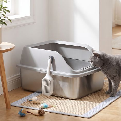 Bac à Litière Chat Ouvert en Inox avec Bords Hauts, Pelle et Brosse, 51 x 36 x 26 cm, Gris Tourterelle (1/5)