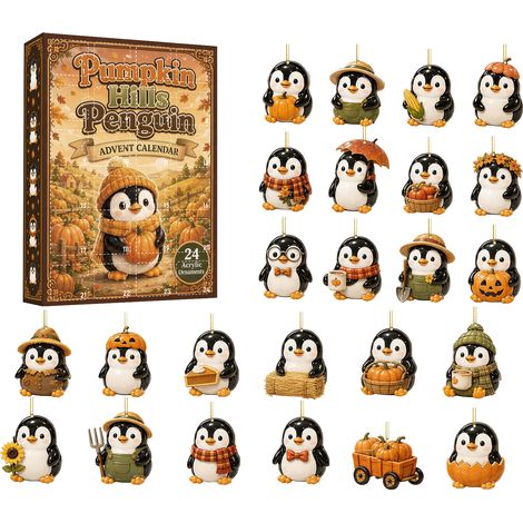 Adventskalender 2026 – 24-teilig – verschiedene Farben – Acryl – 8 cm flache Hängeornamente – Kürbis-Pinguin-Herbstmotiv – Hängedekoration – geeignet für Erntedankfeste und als Innendekoration (1/5)