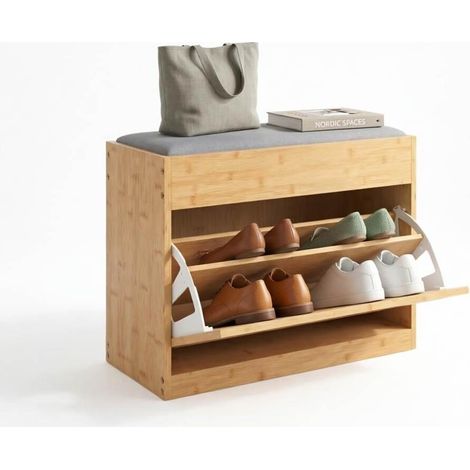 Banc à chaussures 63x29x48 cm en bambou naturel, avec rangement gain de place pour entrée FLORAGRACE (1/5)