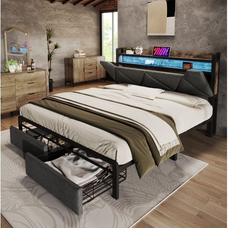 MEUBLIV Lit coffre 160 x 200 cm avec tête de lit rangement USB Type C éclairage LED et deux tiroirs cadre métal gris (1/5)