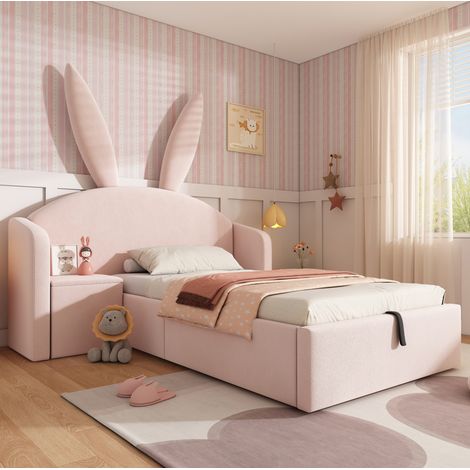 Lit enfant 90x190 cm rose en velours avec rangement hydraulique, table de chevet et oreilles de lapin (1/5)