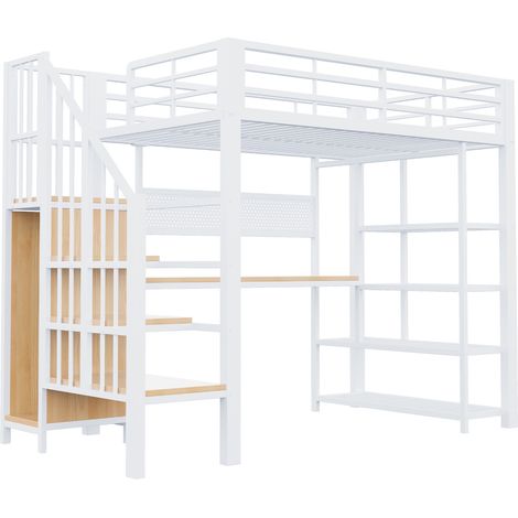 Metall-Hochbett 90 x 200 cm weiß mit Schreibtisch, Regalen und Leiter (1/5)
