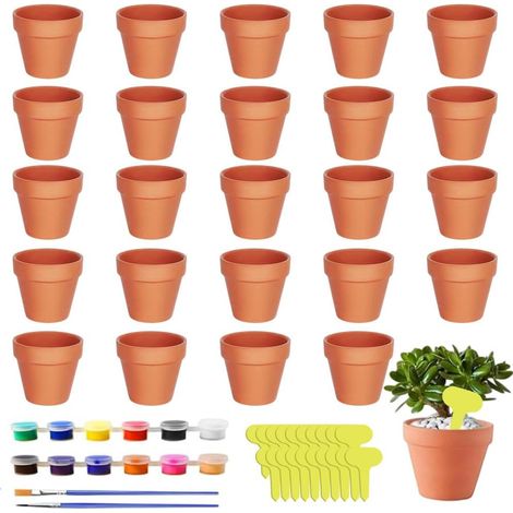 Lot de 24 petits pots en terre cuite de 5 x 5,5 cm avec peintures, pinceaux et étiquette, petits pots en argile pour travaux manuels, mini pots en terre cuite avec trou de drainage, pot en (1/5)