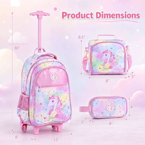 Cartable à roulettes enfant rose 3 pièces avec sac repas et trousse licorne, poignée télescopique, pour l'école et les sorties (1/5)