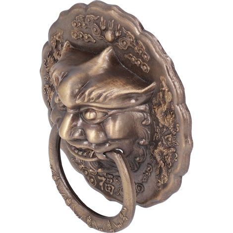 Paire de poignées porte en anneau de cuivre style ancien chinois, tête de lion, pour porte battante en bois, couleur bronze antique, emballage protecteur. (1/5)