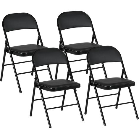 Juego de 4 Sillas Plegables, Silla de Oficina Portátil con Cojín, Patas de Acero, Silla Plegable para Oficina, Recepción, Sala de Espera, Piel Sintética, Negro