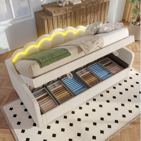 Cama individual 90/200 cm beige de terciopelo y MDF con almacenaje hidráulico y LED (1/5)