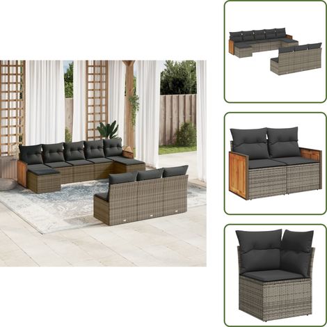 The Living Store 10-tlg. Garten-Sofagarnitur mit Kissen Grau Poly Rattan - Gartensessel (1/5)
