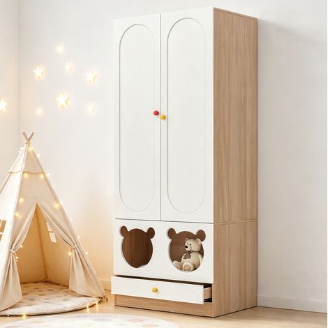 Armoire enfant 2 portes avec penderie et tiroirs 80x50x200 cm, rangement chambre bébé et enfant, MDF blanc et bois clair, poignées céramique – CHICFURN (1/5)