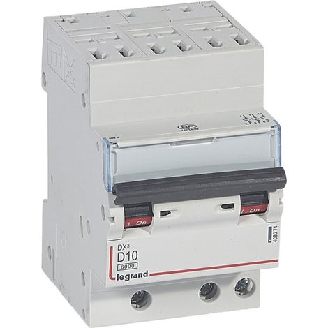 Disjoncteur DX³6000 arrivée haute auto départ bas vis 3 Pôles 400V 10A courbe D pour peigne HX³ optimisé LEGRAND 408074