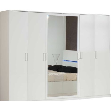 Les Tendances – Armoire moderne 6 portes battantes en bois laqué blanc – Miroir intégré – Dimensions L 272 x H 210 x P 54 cm – Fabrication italienne (1/5)