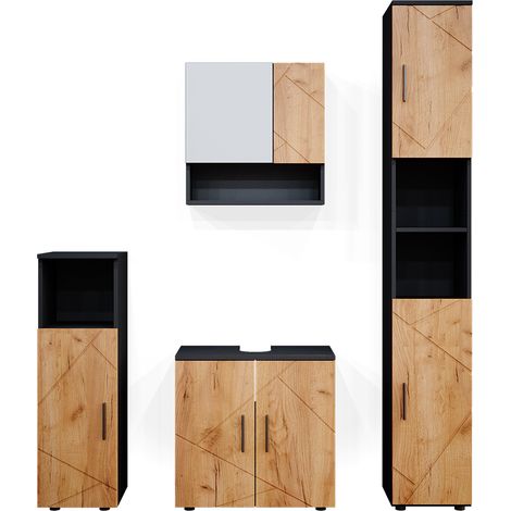 Ensemble de meubles de salle de bain Irma, Chêne doré/anthracite, 4 pièces, avec armoire haute, Vicco