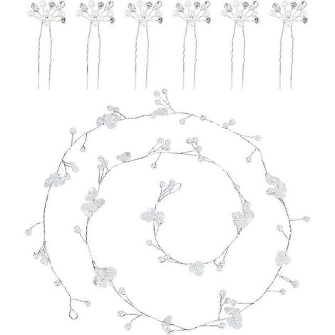 1 serre-tête de mariée orné de fleurs et de perles, avec 1 pince à cheveux en fil de fer et strass, couleur platine, 1000 x 27 x 7 mm. (1/5)