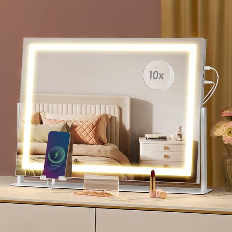 Miroir de Maquillage avec Éclairage, 58 x 43 cm, 15 Ampoules LED, Contrôle Tactile, 3 Températures de Lumière, Intensité Réglable, Support de Téléphone, Blanc Mat (1/5)