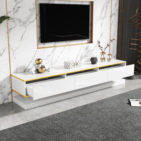 Mueble TV salón con 3 cajones alto brillo blanco dorado HAVRYA (1/5)