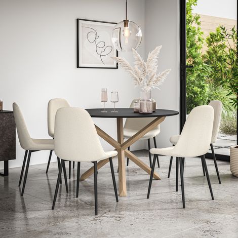 Malvern Round Dining Table And Chairs - Black Table Top w Solid Oak Legs + Maya Boucle Dining Chair Set Of 6 (Ivory White) (1/5)