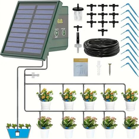 Système d'irrigation goutte-à-goutte automatique à énergie solaire, pour lits surélevés, serres, jardins végétaux, plantes suspendues sur balcon, DIY, 1 set (1/5)
