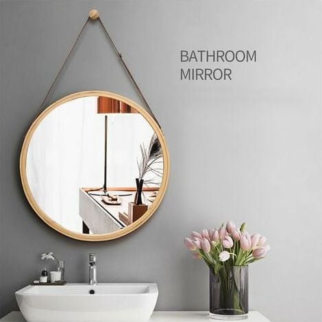 1 Miroir mural rond 45 cm cadre bambou lanière cuir crochet salle de bain chambre dressing (1/4)