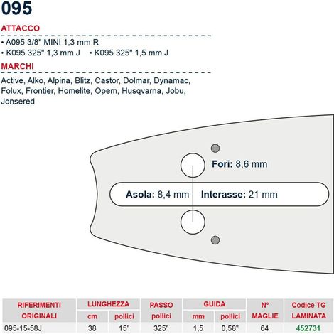 Barra motosega 38 cm - 15" passo .325" Spessore 1.5 mm - .058" attacco 095 - 452731