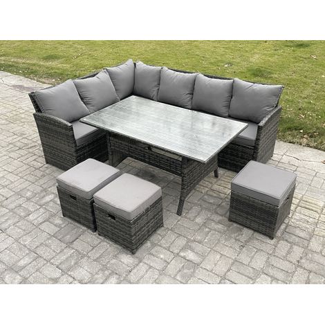 Fimous Outdoor Rattan Garden Furniture Corner Sofa Set with Rectangular Dining Table 3 Small Footstools Patio Wicker Rattan Set Dark Grey Mixed