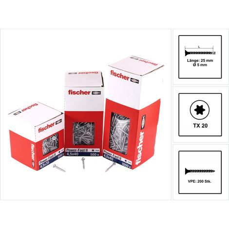 200 Vis Power-Fast FPF-II-CTF Ø5 x 25 mm, tête fraisée TX, filetage total - Fischer