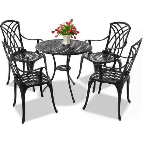 Homeology OSHOWA Garden & Patio Table & 4 Large Chairs with Armrests Cast Aluminium Bistro Set Black (1/5)
