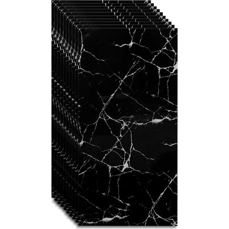 Lot de 10 autocollants pour carrelage de cuisine - 60 cm x 30 cm - Revêtement mural autocollant en PVC - Pour carrelage mural - Noir marbre (1/5)