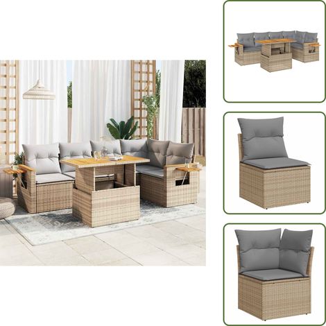 6-tlg. Garten-Sofagarnitur mit Kissen Beige Poly Rattan Akazie - Gartensofa Set - Garten Sofa Set - Outdoor Sofa Set - Garten Sofagarnitur (1/5)