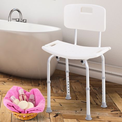 Silla de ducha ergonómica, altura ajustable, patas antideslizantes, carga máxima 136 kg, aluminio, HDPE, blanca.
